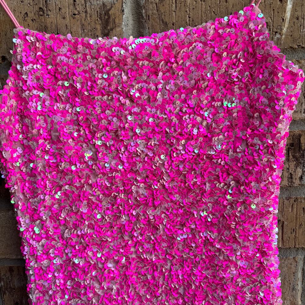 Allison & Kelly Hot Pink Sequin Mini Dress Bodycon Spaghetti Strap Party Small - Picture 4 of 12